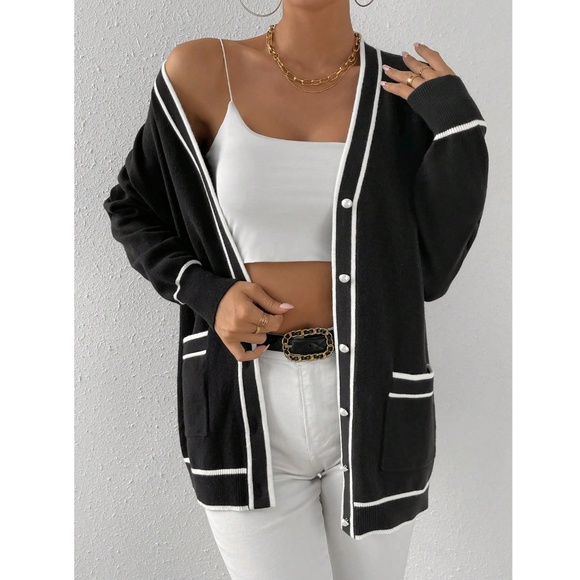 Black Cardigan Button Front White Contrast Trim Long Sleeve, with Pockets - Picture 2 of 7
